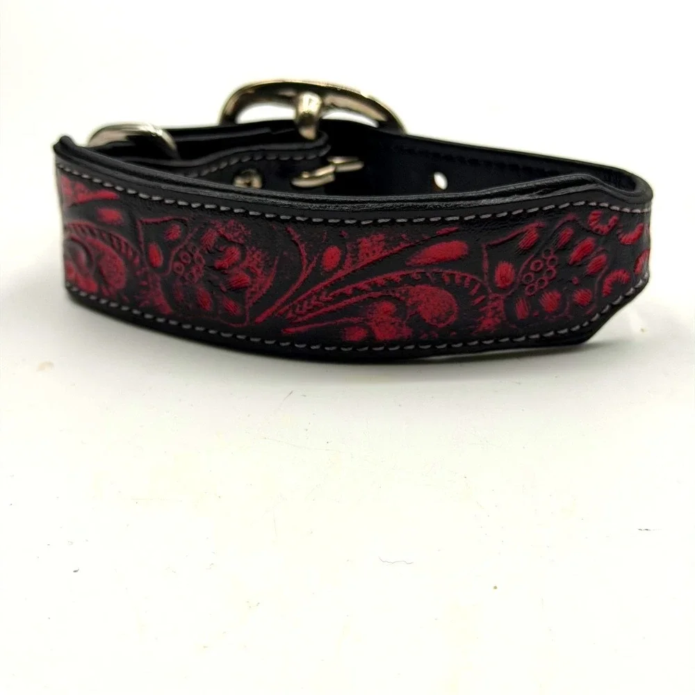 Myra Lucky Diego Tooled Leather Dog Collar Black Red Floral Western Size Small